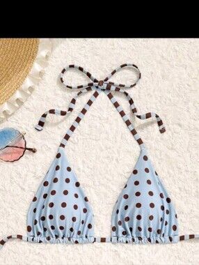 NWOT Adjustable Tie Polka Dot Triangle Bikini Top, M (6), Blue W/ Brown Dots